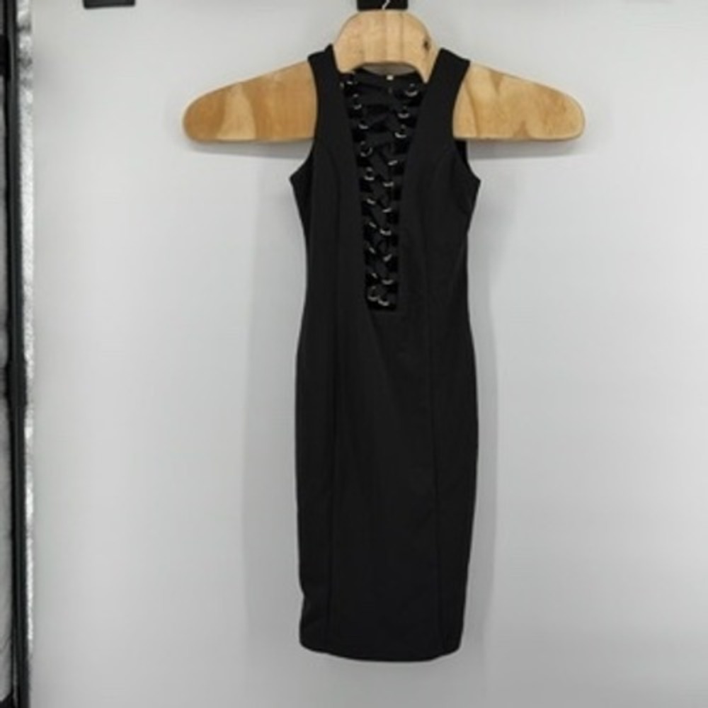 NUDE Black Lace Up Front Sleeveless‎ Bodycon Mini Dress Size S